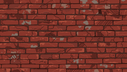 Seamless textured red brick wall surface, featuring a rough, weathered appearance with visible cracks and mortar lines, ideal for backgrounds and architectural design elements, conveying a sense of