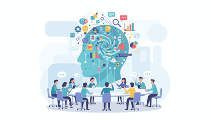 Vivid illustration of a business meeting with a stylized human head symbolizing creativity and ideas, featuring charts, graphs, lightbulbs, and gears, representing brainstorming and innovation in a