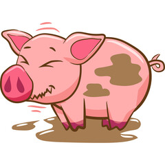 Cute Pink Pig Covered In Mud Enjoying A Mud Bath With A Playful Expression