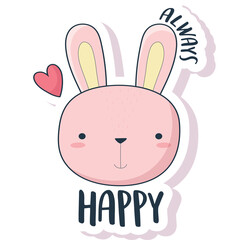 Cute Pink Rabbit Face Sticker With Always Happy Text And Heart Symbol On Transparent Background With Soft Shadows
