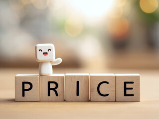 PRICEと書かれた積み木ブロックの上に立つ手を振って笑顔の木製キャラクターと光の背景