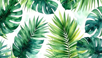 Lush watercolor foliage pattern featuring vibrant green palm fronds and monstera leaves scattered on a white background