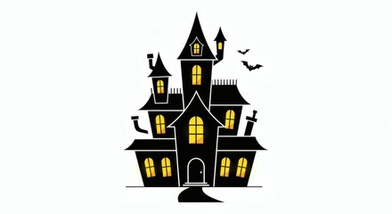 Halloween Clipart Spooky Haunted House Silhouette with Bats and Glowing Windows