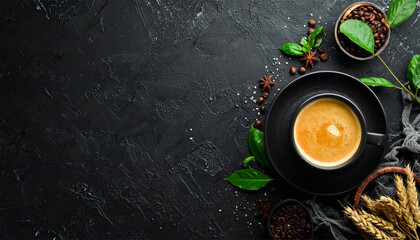 Cup of coffee on black background. Copy space. Top view