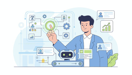 Modern business management concept with a smiling man interacting with a digital interface, a friendly robot assistant, and data analytics charts, illustrating automation, technology, and efficiency