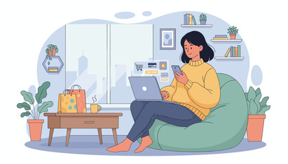 Young Asian woman comfortably sitting on a beanbag chair at home, using a laptop and smartphone to make an online payment, surrounded by shopping bags, plants, and a cityscape visible through the