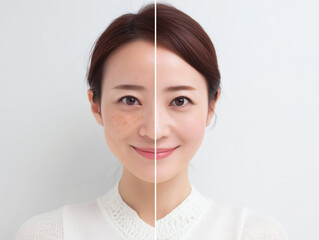 シミやそばかすの悩みが解決し肌が美白になったビフォーアフターを見せる笑顔の女性