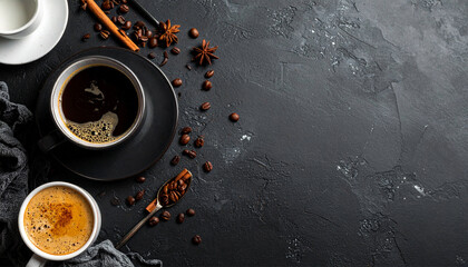 Cup of coffee on black background. Copy space. Top view