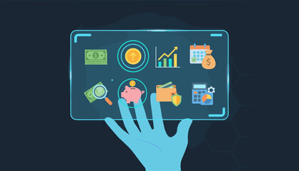 Futuristic holographic interface displaying a collection of financial management icons, including money, piggy bank, calculator, wallet with shield, growth chart, calendar, and magnifying glass