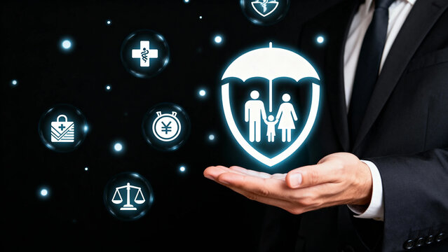 Businessman holding a glowing shield with family under umbrella, surrounded by icons representing insurance, healthcare, finance, and legal protection