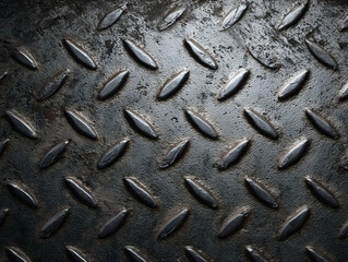 光沢と錆や汚れがあるような質感のひし形または楕円のダイヤモンド模様が並ぶ金属床の背景