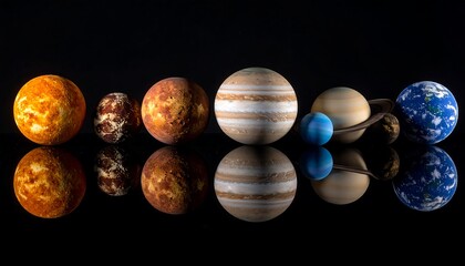 Model planets aligned and reflecting, depicted against a black background, creating a vast cosmic display