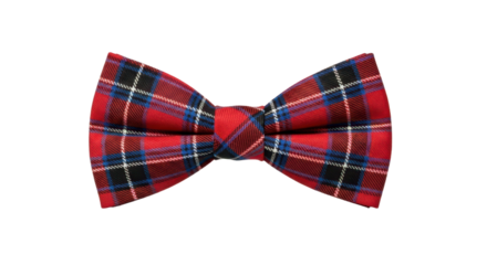 Red tartan bow tie on black background showcasing classic scottish plaid pattern