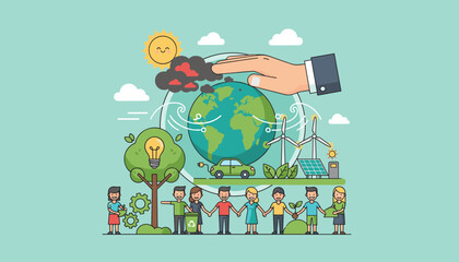 Vivid illustration depicting the concept of reducing greenhouse gas emissions for climate protection, featuring a hand shielding the Earth from pollution, surrounded by renewable energy sources like