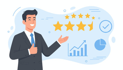 Smiling businessman in a suit giving a thumbs up and presenting a graphic of customer satisfaction with four and a half stars, a bar chart showing growth, and a pie chart, representing excellent