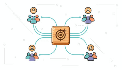 Customer Relationship Management Concept: A Central Target Icon Connected to Diverse Groups of People, Illustrating Strategic Outreach and Connection in Business and Marketing Strategies, with a