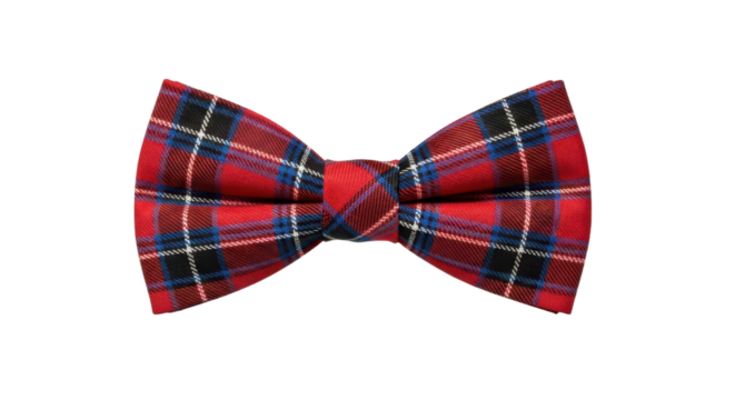 Red tartan bow tie on black background showcasing classic scottish plaid pattern