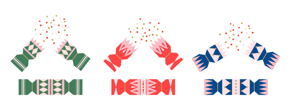Set of colorful crackers with confetti on white background. Geometric flat ornament. Christmas or birthday template. Isolated elements.