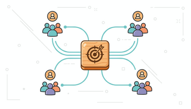 Customer Relationship Management Concept: A Central Target Icon Connected to Diverse Groups of People, Illustrating Strategic Outreach and Connection in Business and Marketing Strategies, with a