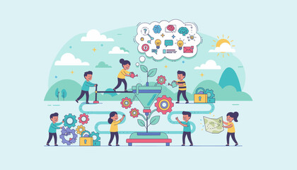 Vibrant flat illustration depicting a diverse team of children collaborating to cultivate new ideas, symbolized by a growing plant within a funnel and gears, representing innovation, teamwork