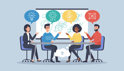 Diverse group of professionals collaborating around a table, brainstorming ideas with icons representing innovation, growth, and strategy, fostering a dynamic business meeting environment for