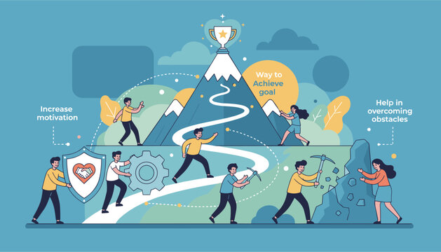 Goal-focused illustration depicting the journey to success, showcasing teamwork, overcoming obstacles, and increasing motivation through collaborative effort and determination to reach the ultimate