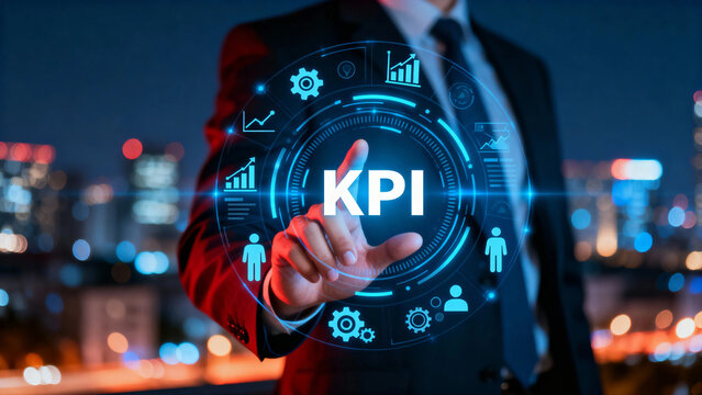 Business professional interacting with a digital KPI interface in a futuristic cityscape setting