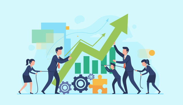 Teamwork and collaboration driving business growth, depicted by diverse professionals pulling a large green upward trending graph, symbolizing success and progress, with gears and puzzle pieces - Powered by Adobe