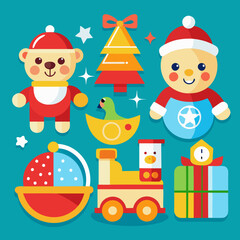 Fototapeta premium Cute christmas toys collection featuring a bear snowman train and gifts
