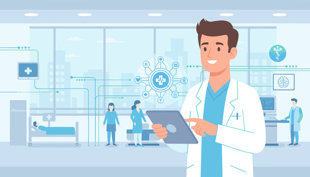 Modern healthcare technology concept with a smiling doctor in a white coat holding a tablet, surrounded by digital interfaces, medical icons, and a patient in a hospital bed, representing innovation