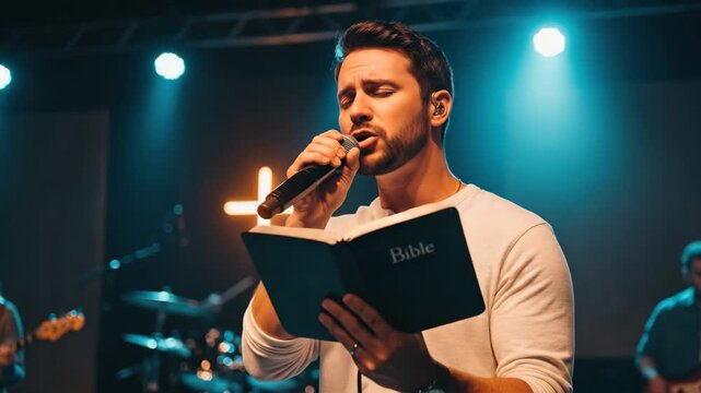 Man worship leader singing with microphone and christian bible on stage with cross light for modern church sermon footage
