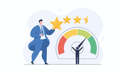 Business professional holding a golden star, symbolizing excellent performance review and employee evaluation, with a rating gauge indicating high achievement and success, representing career growth