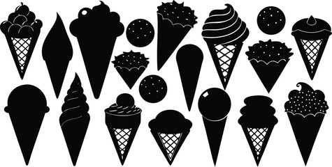 Collection of various ice cream cones and scoops in a striking black silhouette on a white background