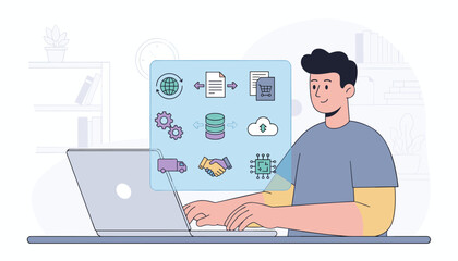 Modern flat illustration of a person working on a laptop, with a virtual screen displaying Electronic Data Interchange (EDI) icons representing global network, documents, shopping cart, gears