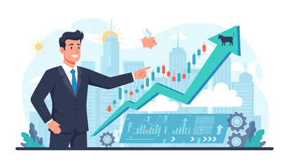 Successful businessman pointing at a rising stock market graph with bull symbol, symbolizing business growth and financial success, against a city skyline backdrop with flying piggy bank and gears