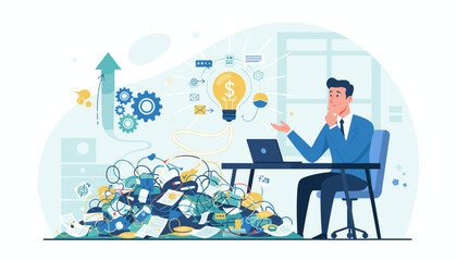 Businessman contemplating a complex pile of tangled wires and papers, symbolizing problem-solving and strategic thinking, with a bright idea lightbulb illuminating the path to a successful solution