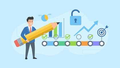 Business professional holding a giant pencil, symbolizing project tracking and goal achievement, with a progress chart, target, unlocked padlock, and checklist icons indicating successful task