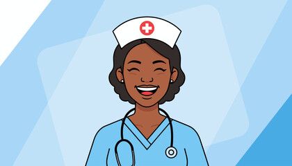 Portrait of a smiling African woman nurse wearing a light blue uniform and cap with a red cross, holding a stethoscope, conveying care and professionalism in a modern flat illustration style with a