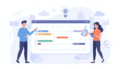 Modern flat illustration of a project manager and a team member collaborating on a Gantt chart schedule, symbolizing business planning, task management, and strategic development with icons for