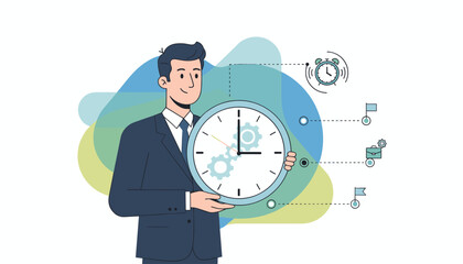 A smiling businessman in a dark suit holds a large clock with gears inside, symbolizing punctuality, time management, and efficiency in business appointments and scheduling, with icons representing