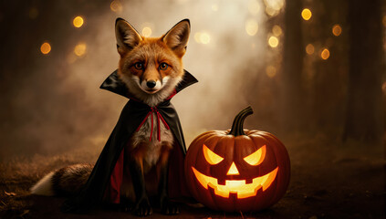 A vampire fox and a glowing pumpkin. The fox's playful grin makes this photo perfect for a fun, festive Halloween.
