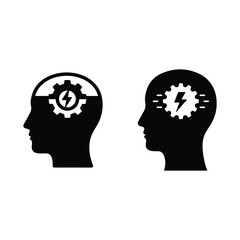 Two human head silhouettes with gears and lightning bolt symbol inside representing thought process