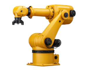 Yellow robotic arm for industry automation and manufacturing. powerful robot machine representing modern technology and efficient production, isolated on transparent background