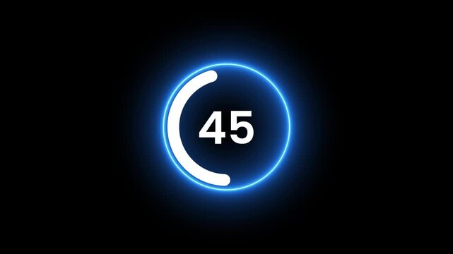 Circle neon countdown timer 90 to 0 seconds animation isolated on black background