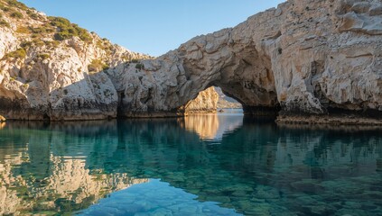 Sculpted Stone Archway Over Crystalline Water Serene Coastline Landscape.