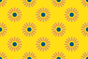 Vibrant sunburst geometric pattern in yellow, blue, and orange tones. Cheerful and modern design inspired by sunshine and energy, perfect for textiles, wallpapers, wrapping paper, and playful creative