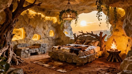Cozy cave bedroom with stone bed, fireplace, and natural rock walls illuminated by warm lighting