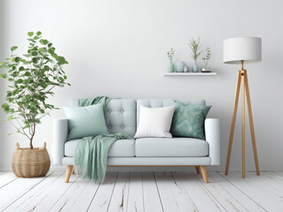 観葉植物と北欧風インテリアソファが調和する明るいナチュラルリビングルーム