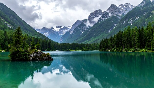 Scenic lake framed by green forests and distant mountains under a cloudy sky with reflections in water