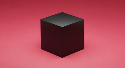 Fototapeta premium Black cube placed on pink gradient background with abstract minimalistic design concept for visual arts and creative photography